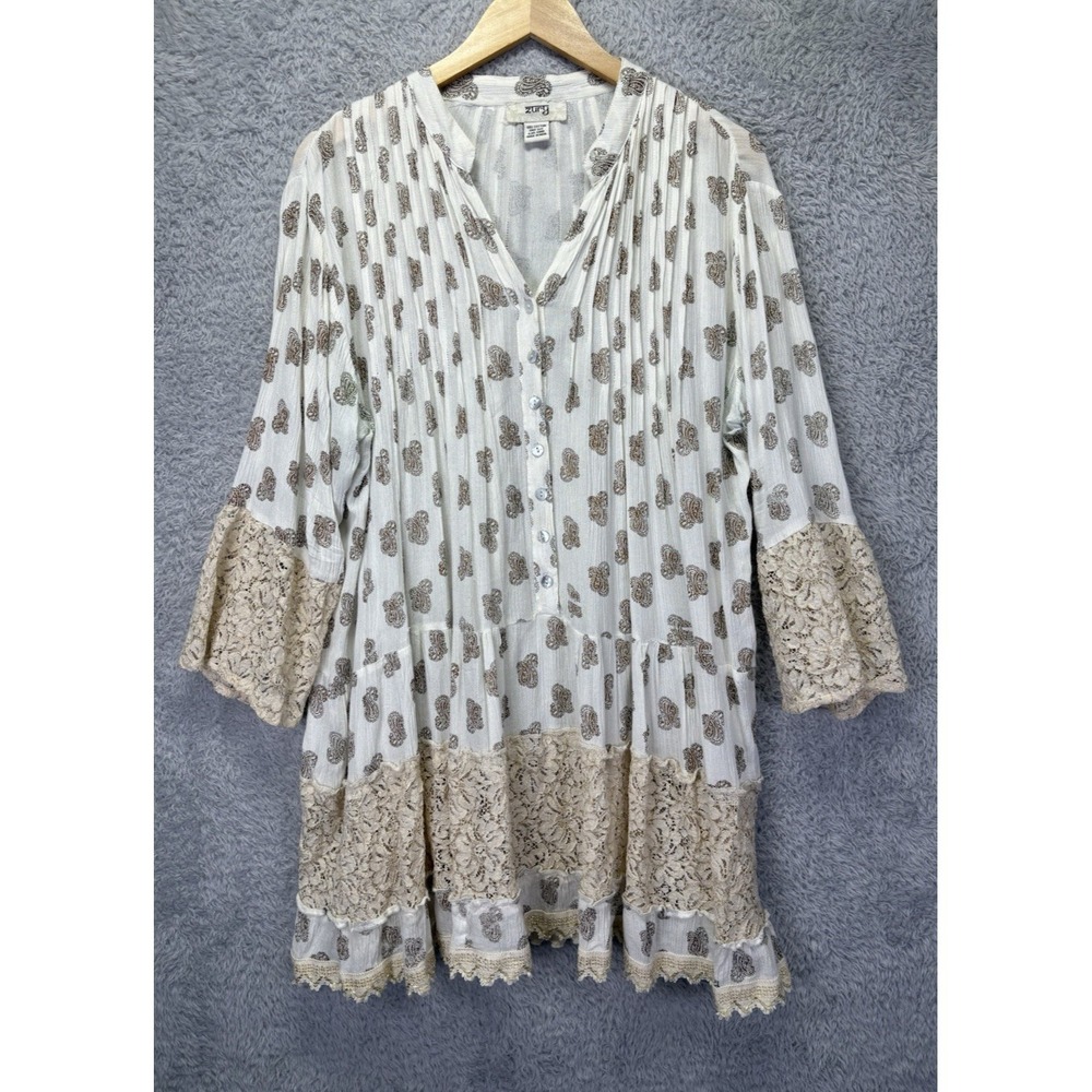 Zury Bohemian White Gold Mini Dress V Neck Peasant Lace Trim Boho Festival OS